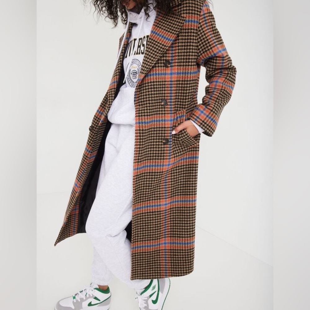 Garage Brown Plaid Long Trench Coat with Orange & Blue Accents